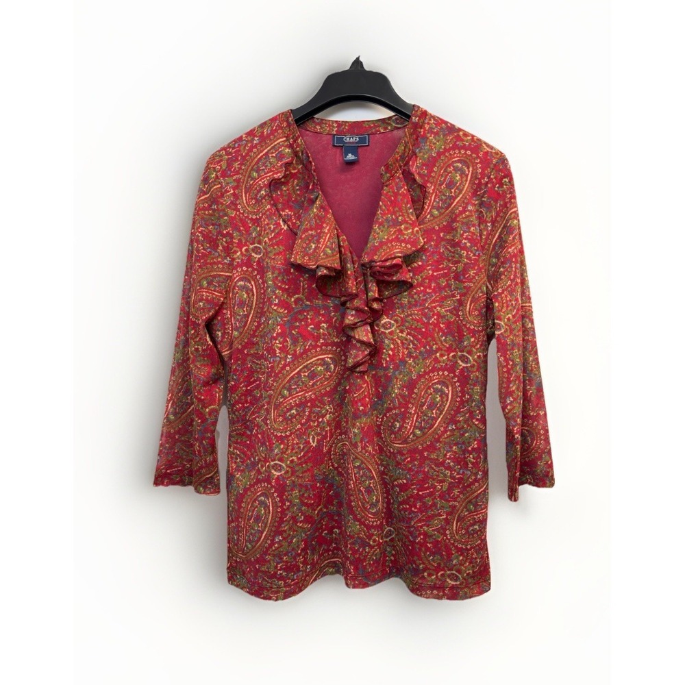 Chaps Paisley Top Red Ruffle V Neck Women's XL Peasant Blouse 3/4 Sleeve Mesh